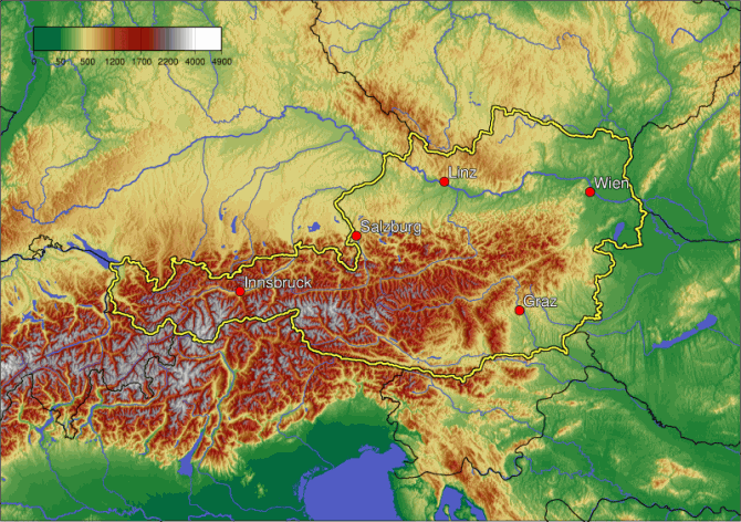 Mapa hipsometryczna Austrii